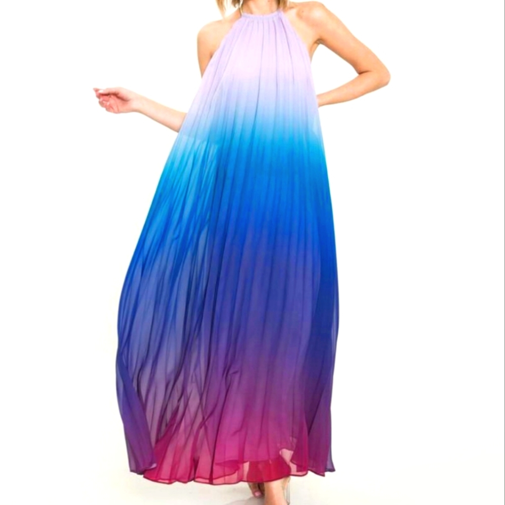 Edite Mode Halter Open Back Watercolor Maxi Dress